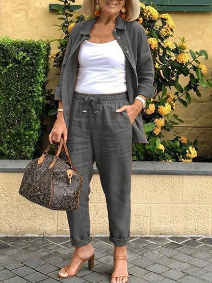 Solid Cotton Linen Women Suits Casual