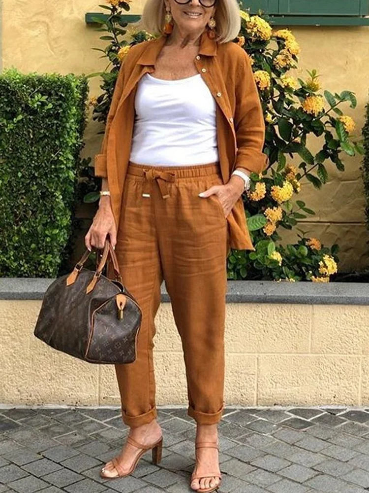 Solid Cotton Linen Women Suits Casual