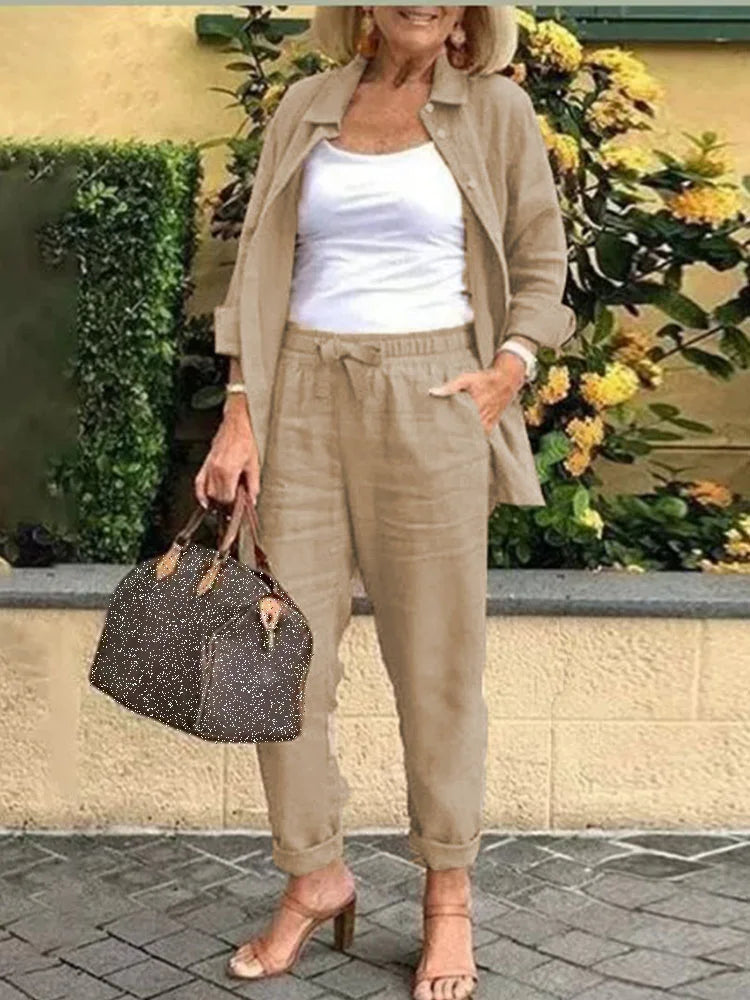 Solid Cotton Linen Women Suits Casual