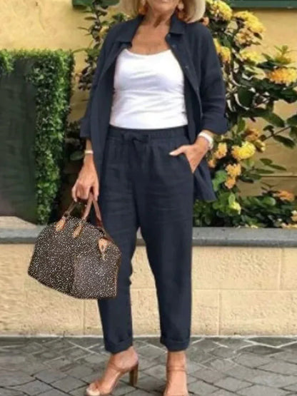 Solid Cotton Linen Women Suits Casual