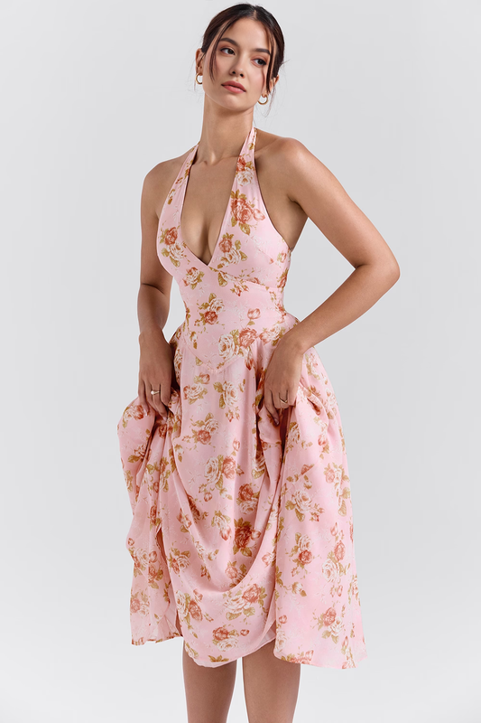 Rosé Flowers Midi Dress