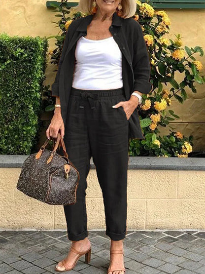Solid Cotton Linen Women Suits Casual